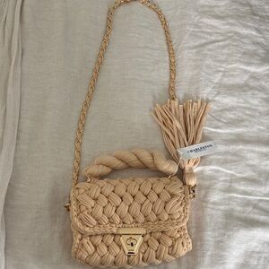 Charles & Keith Woven Beige Crossbody Bag with Gold Chain